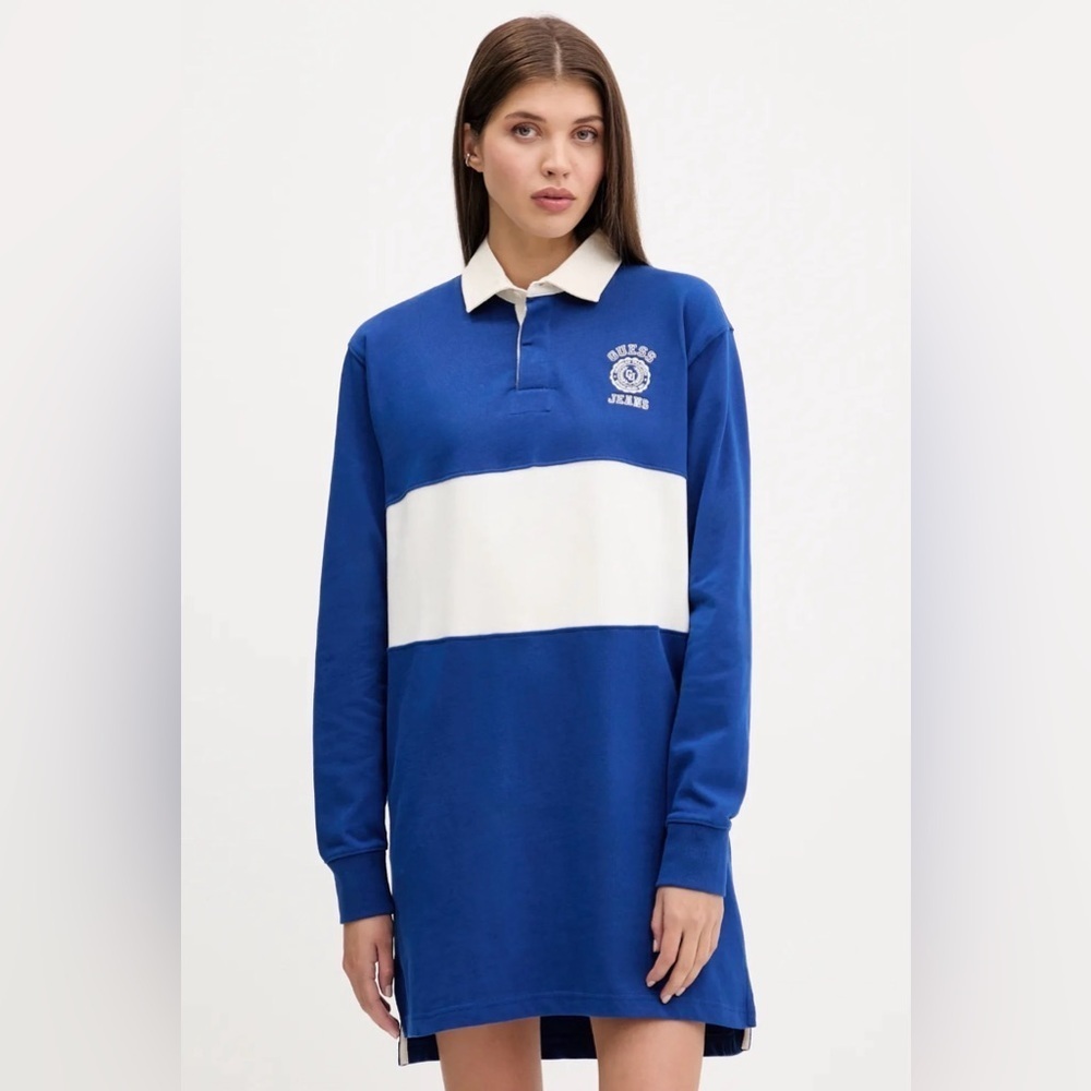 Guess Jeans Polo Sweatshirt Mini Dress Size S Blue White Logo Long Sleeve - Picture 2 of 15